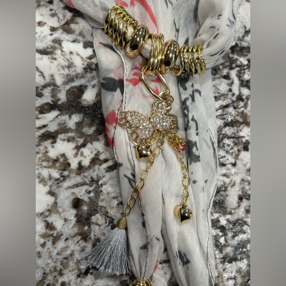 Elegant Floral Scarf with Gold Accents - Picture 2 of 4